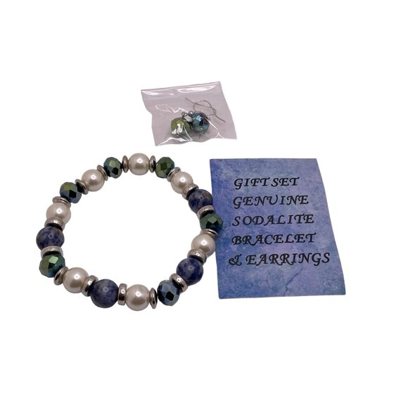 Bracelet and Earring Set Women Genuine Sodalite Gift Set Stretch Bracelet Blue - Picture 2 of 5